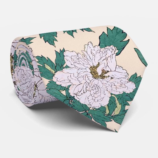 Cravate Peonies blanches et Feuilles verts (Roulé)