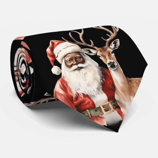 Cravate Père Noël noir et cerf (Roulé)