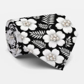 Cravate Perles blanches dans des fleurs sur fond noir (Roulé)