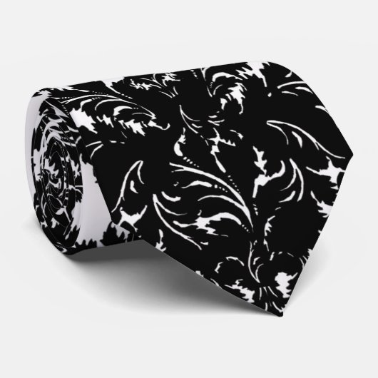Cravate petit design noir blanc damassé fleuri (Roulé)