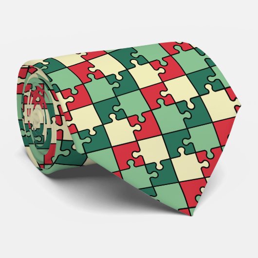 Cravate Pièce de puzzle rouge vert Noël Monogramme (Roulé)