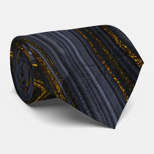 Cravate Pierre d'Agate Noir & Or moderne Abstrait (Roulé)