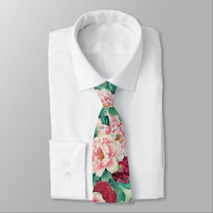 Cravate Pies roses rouges et Motif Feuille vert