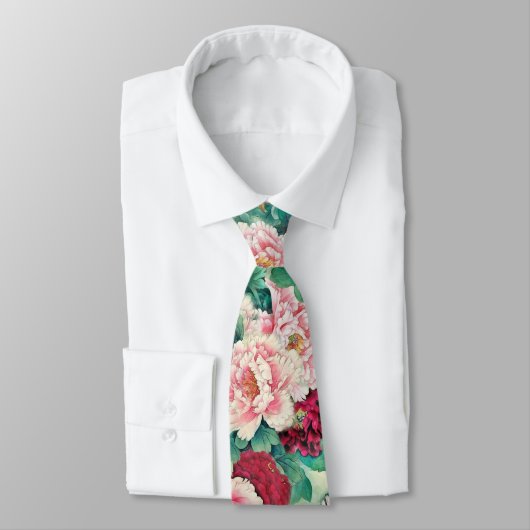 Cravate Pies roses rouges et Motif Feuille vert (Attaché)