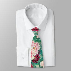 Cravate Pies roses rouges et Motif Feuille vert