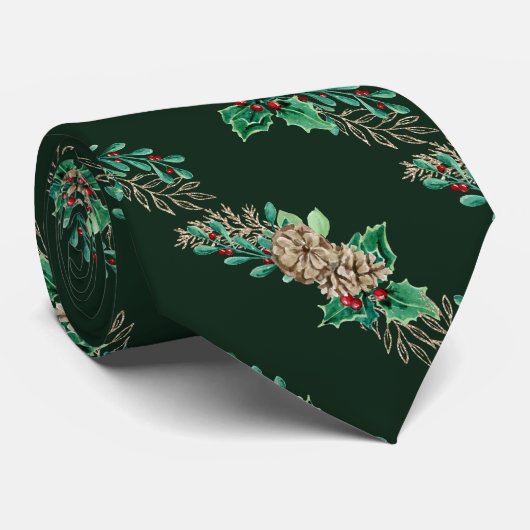 Cravate Pin de Noël cônes Holly Foliage rayé vert (Roulé)