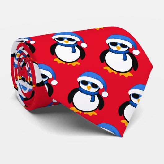 Cravate Pingouin cool mignon Noël hiver motif rouge  (Roulé)
