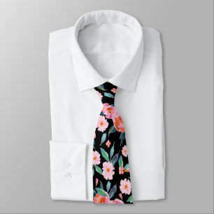 Cravate Pink Black Watercolor Rose Pattern Wedding