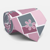 Cravate Pink gray brown patchwork of square patches  (Roulé)