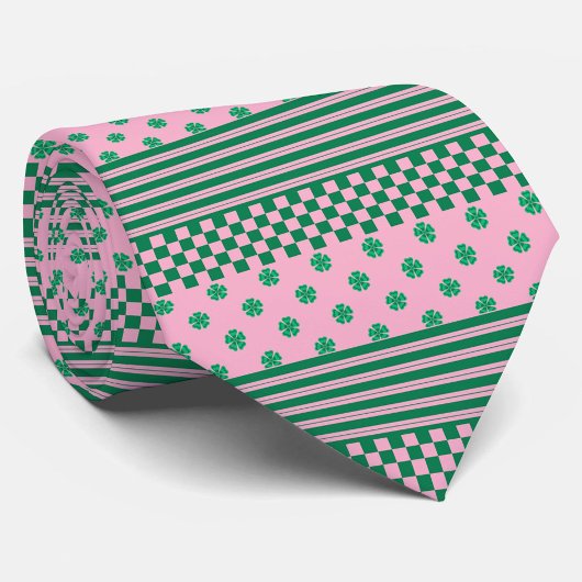 Cravate Pink Green Boho Check Floral Stripes Motif