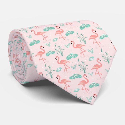 Cravate Pink Green Flamingo's Tropical Birds Wedding  (Roulé)