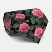 Cravate Pink Roses on Black Floral Pattern (Roulé)