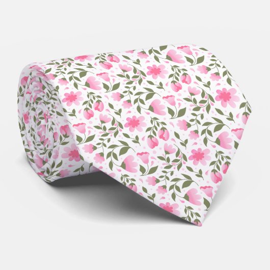 Cravate Pink & Sage Vert motif floral  (Roulé)