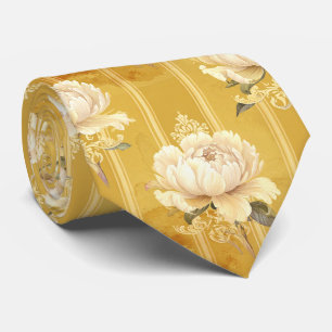 Cravate Pivoine ivoire vintage sur rayures dorées moutarde