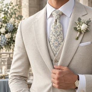 Cravate Pivoine Toile Fleurie Damassé Bleu Ivoire
