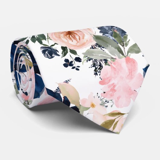 Cravate PixDezines Aquarelle Fleurs Marine bleu rose (Roulé)