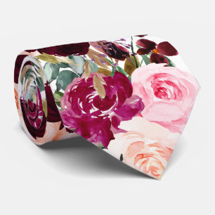 Cravate PixDezines Boho Blush Bourguignon Fleurs Aquarelle
