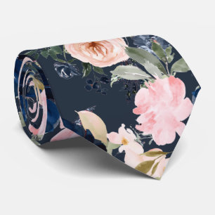 Cravate PixDezines Fleurs Aquarelle Bleu Marine Rose Cou