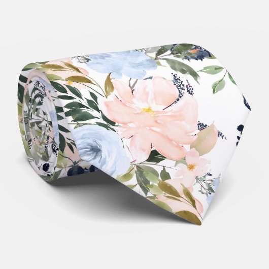 Cravate PixDezines Fleurs d'aquarelle bleu glace rose pâle (Roulé)