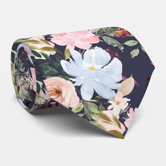 Cravate PixDezines Fleurs d'aquarelle bleu glace rose pâle (Roulé)