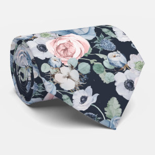 Cravate PixDezines H2 Bleu Poussiéreux Rose Peonies Couleu