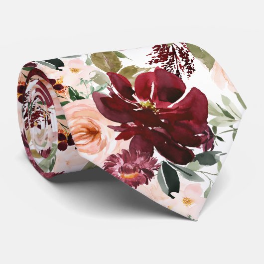 Cravate PixDezines H2 Blush Pink Burgundy Flowers (Roulé)