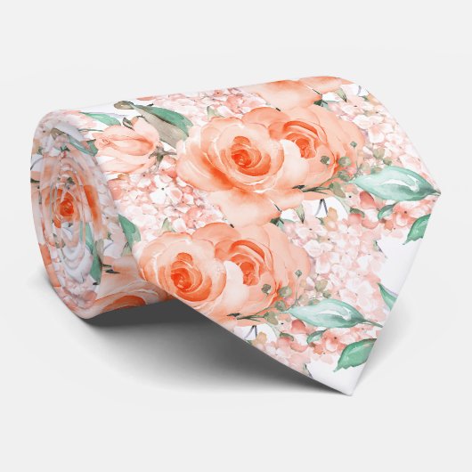 Cravate PixDezines H2 Été Roses Orange Corail Hydrangea (Roulé)