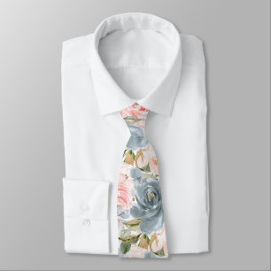 Cravate PixDezines H2 Fleurs Bleu Ardoise Roses Blush