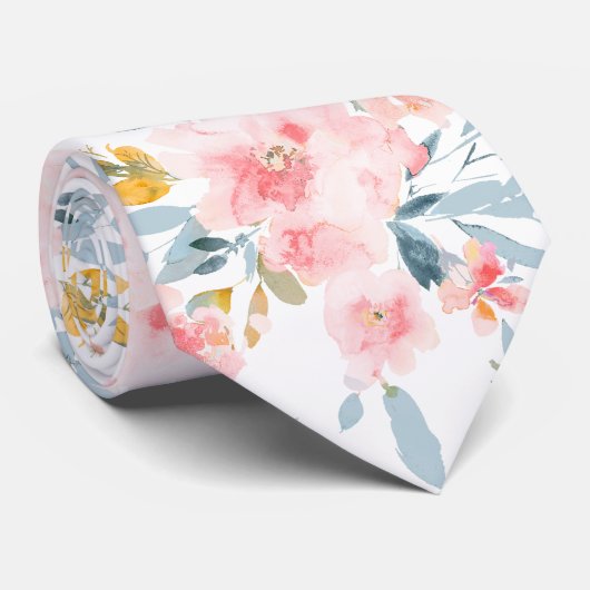 Cravate PixDezines H2 Fleurs de printemps Blush et Bleu (Roulé)