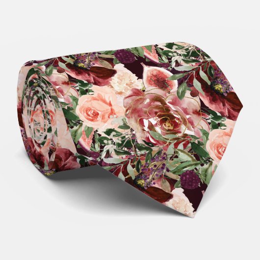 Cravate PixDezines H2 Marsala Boho Blush Burgundy Flowers  (Roulé)