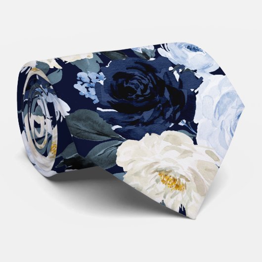 Cravate PixDezines H2 Navy+Dusty Blue Roses (Roulé)