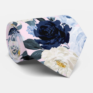 Cravate PixDezines H2 Navy + Roses Bleu Poussiéreux