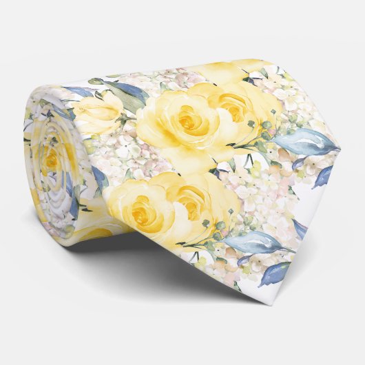 Cravate PixDezines H2 Roses jaunes d'été Hydrangea (Roulé)