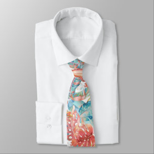 Cravate PixDezines Jungle Hawaïen Sarcelle Rouille Orange