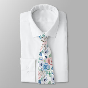 Cravate PixDezines Pivoines Roses Bleu Poussiéreux Aquarel