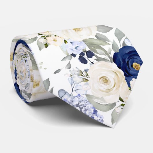 Cravate PixDezines Watercolor Roses Navy Blue Cream (Roulé)