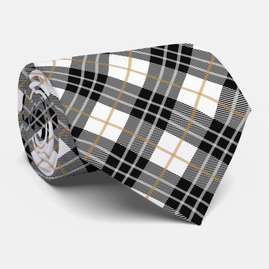 Cravate Plaid écossais noir et or sur blanc (Roulé)