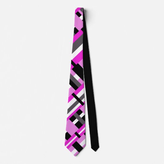 Cravate Plaid en noir, blanc, gris et rose Motif moderne (Devant)