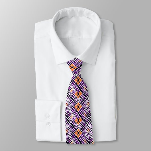 Cravate Plaid Halloween Géométrique - Violet, Orange, Blan (Attaché)