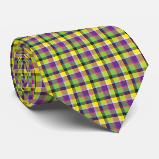 Cravate Plaid noir pourpre jaune vert (Roulé)