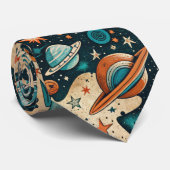 Cravate Planètes de fusée spatiale rétro Orange sarcelle N (Roulé)