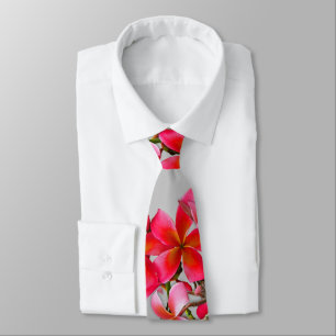 Cravate Plumeria hawaïenne rose Fleurs tropicales sur gris