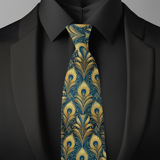 Cravate Plumes Peacock Bleues et Or
