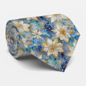 Cravate Poinsettias de Noël Blanc Bleu (Roulé)