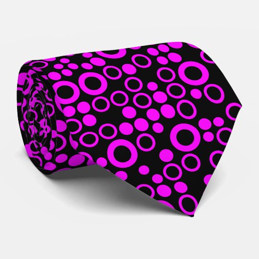 Cravate Points et anneaux rétro cravate, Fuchsia sur noir (Roulé)
