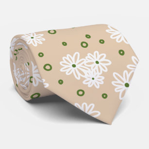Cravate Pois et marguerites - Blanc, Sable et Palm Green