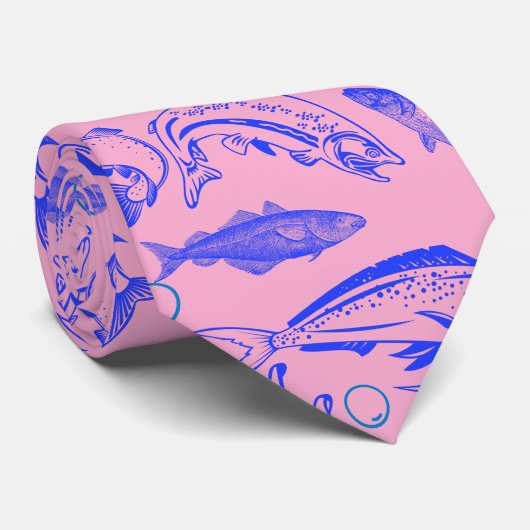 Cravate Poissons motif bleu 10.b Lpink BG (Roulé)