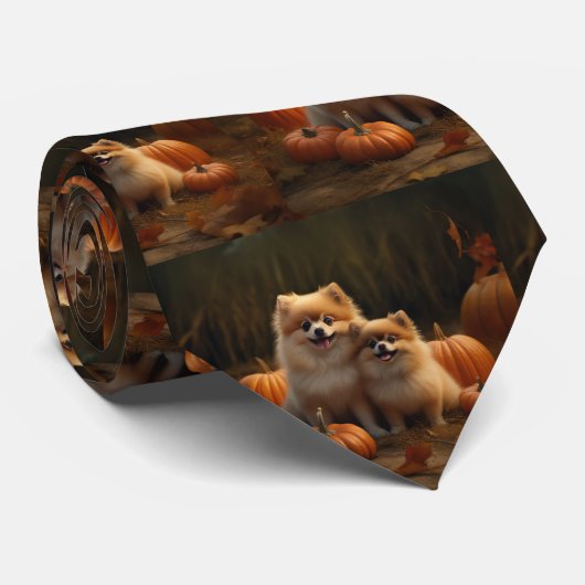 Cravate Poméranien Chiot Automne Citrouille délice (Roulé)
