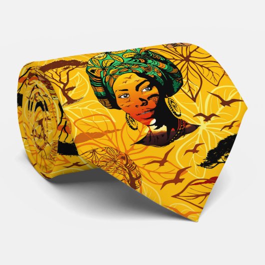 Cravate Portrait féminin africain avec coucher de soleil (Roulé)
