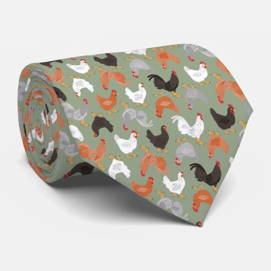 Cravate Poulets et coqs de pays sur le vert (Roulé)